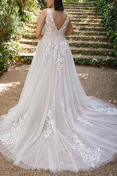 A Line V Neck Sleeveless Court Train Tulle Wedding Dress With Appliques Lace